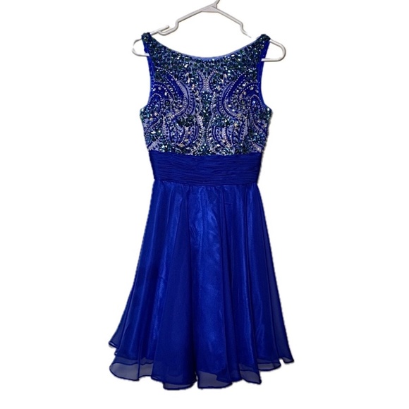 Norma Reed Royal Blue Rhinestone Satin Mesh Mini Fit & Flare Dress Size XS -GUC - Picture 1 of 16